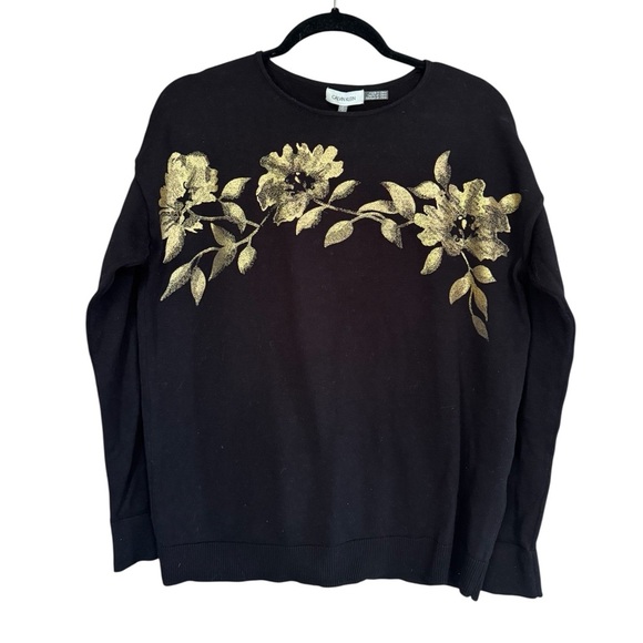 Calvin Klein Sweaters - Calvin Klein Women's Black Sweater with Gold Floral Design